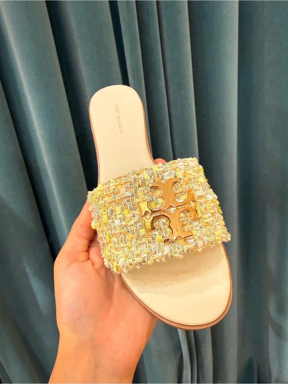 Tory Burch Everly Tweed Flat Slide Sandals Gold Logo Multicolor